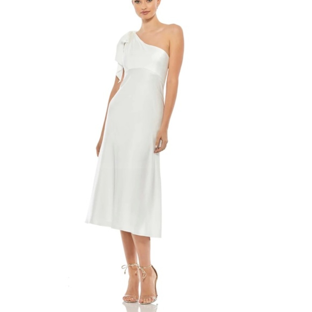 Ieena for MacDuggal White Satin One Shoulder Midi Dress 0